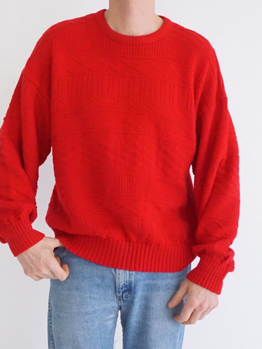Vintage '80s Boulevard Club Red Geometric Textured Knit Sweater Classic Casual L